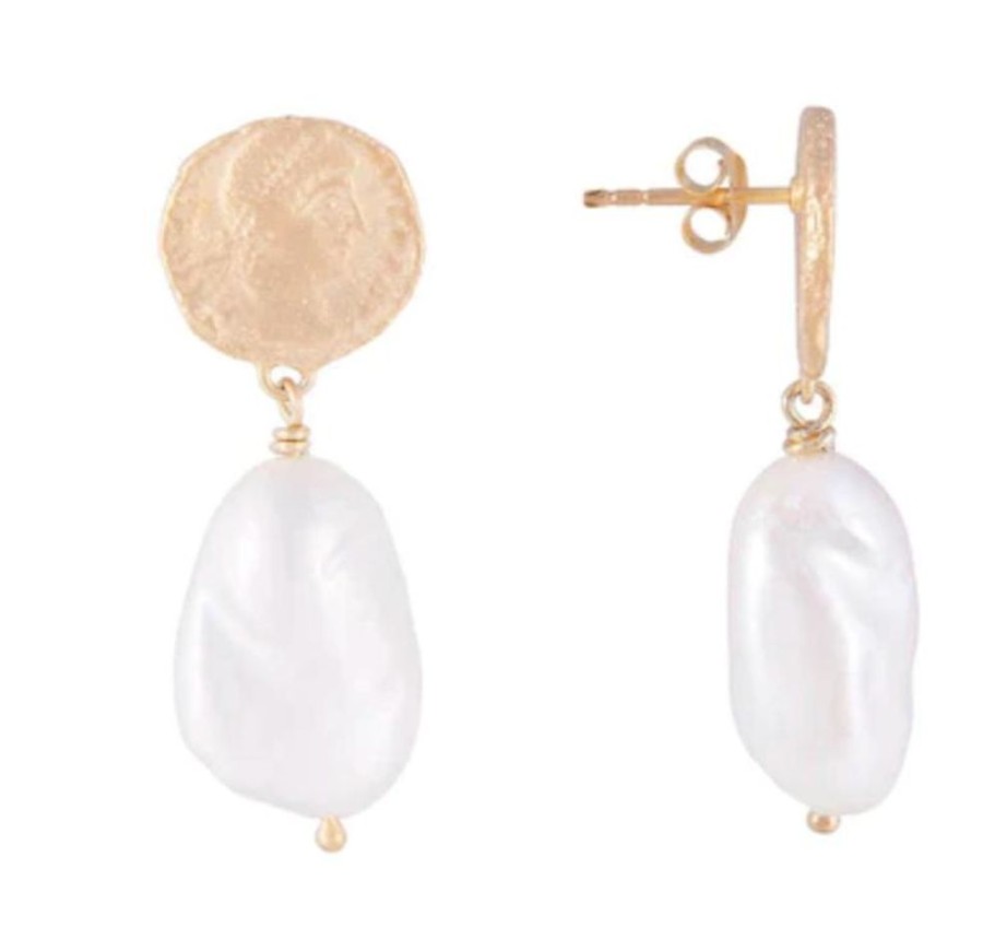 Jewellery FAIRLEY | Ancient Coin Pearl Drop Earrings - Gold