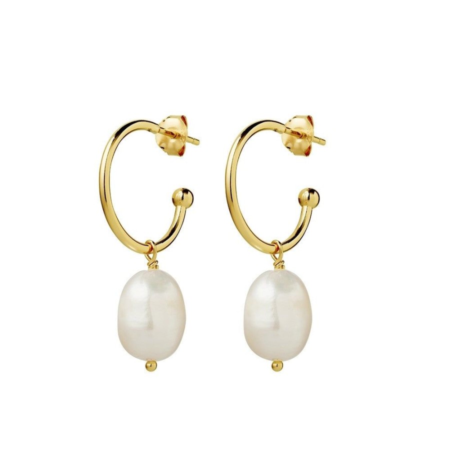 Jewellery Reflections Silver Jewellery | Hoops With Large Pearl Drop - Yellow Gold